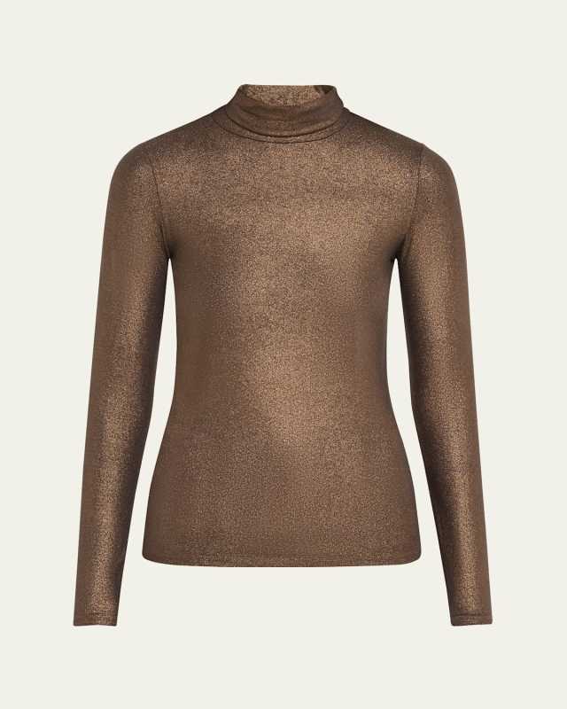 Metallic Long-Sleeve Turtleneck Top